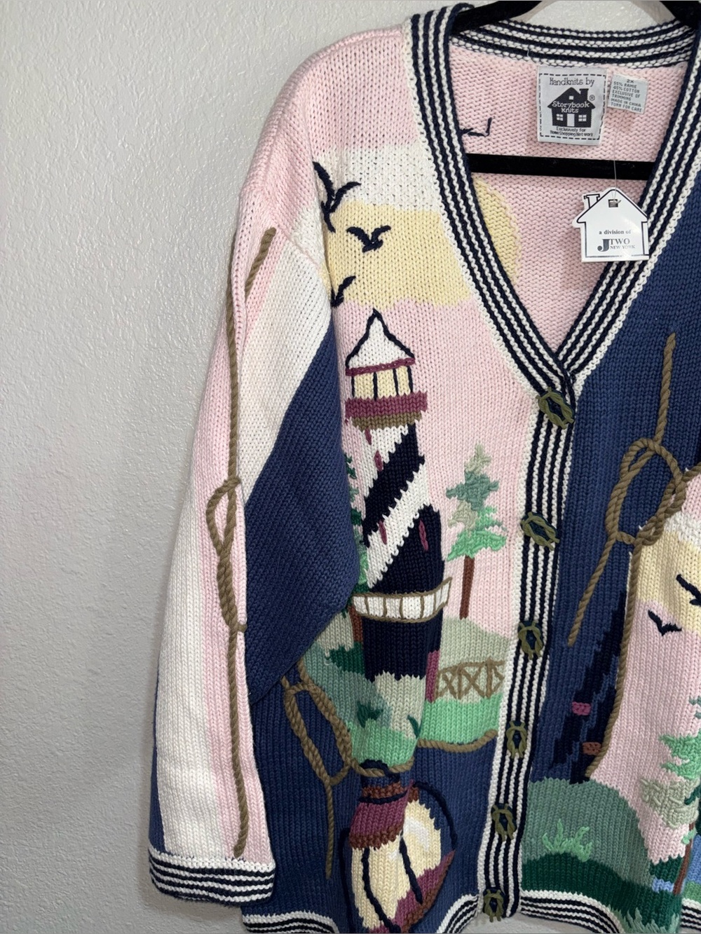 Storybook Knits Coastal Lighthouse Button-Front Cardigan - Blue, Pink & Cream - Picture 4 of 11
